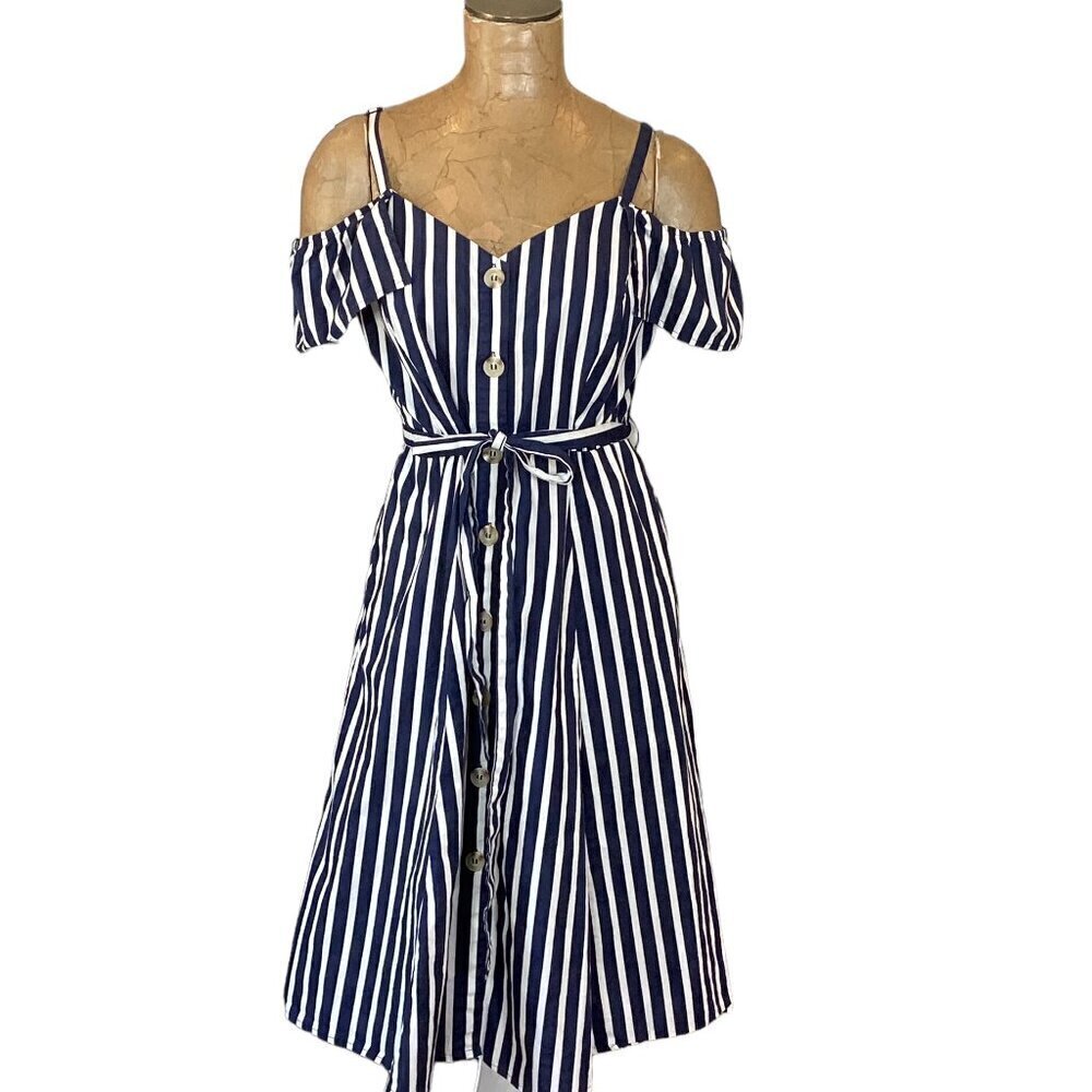 City Chic Stripe Affair Dress Button Front Tie-Waist Off Shoulder XXS/12 #267F - Picture 2 of 9